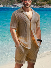 Load image into Gallery viewer, 2Pcs Men's Co-ord Set - Breathable Hollow Out Short Sleeve Shirt and Drawstring Shorts for Summer - Daily Leisure, Vacation, Resorts, and Outdoor Activities