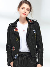 Load image into Gallery viewer, Ftlzz Women Floral Print Embroidery Faux Soft Leather Jacket Coat Turn-down Collar Casual Pu Motorcycle Black Punk Outerwear