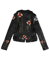 Load image into Gallery viewer, Ftlzz Women Floral Print Embroidery Faux Soft Leather Jacket Coat Turn-down Collar Casual Pu Motorcycle Black Punk Outerwear