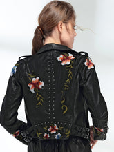 Load image into Gallery viewer, Ftlzz Women Floral Print Embroidery Faux Soft Leather Jacket Coat Turn-down Collar Casual Pu Motorcycle Black Punk Outerwear