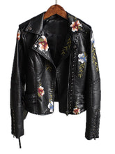 Load image into Gallery viewer, Ftlzz Women Floral Print Embroidery Faux Soft Leather Jacket Coat Turn-down Collar Casual Pu Motorcycle Black Punk Outerwear