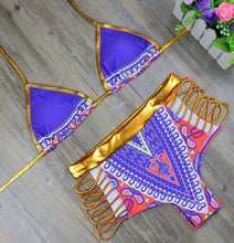 Load image into Gallery viewer, New African Print Two-Pieces Bath Suits Bikini Set Sexy Geometric Swimwear Swimsuit Gold High Waist Swimming Suit