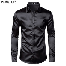 Load image into Gallery viewer, Men's Black Satin Luxury Dress Shirts 2019 Silk Smooth Men Tuxedo Shirt Slim Fit Wedding Party Prom Casual Shirt Chemise Homme
