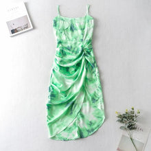 Load image into Gallery viewer, Vintage Yellow Tie dye Flower print Spaghetti Strap Dress Hem Slim Waist Slit Irregular Long Dresses Sling Vestido