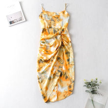 Load image into Gallery viewer, Vintage Yellow Tie dye Flower print Spaghetti Strap Dress Hem Slim Waist Slit Irregular Long Dresses Sling Vestido