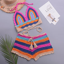 Load image into Gallery viewer, Crochet Bikini Sets Multi Color Knitted Rainbow Striped Off Shoulder Top + Bottom Bikini Beachwear Bathing Suit Women Swimsuit