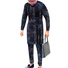 Load image into Gallery viewer, Black Strip Tops Breast Pocket Design Patchwork Shirts+Trousers African Print Men's Outfits Male Groom Suits Ankara Pant Sets