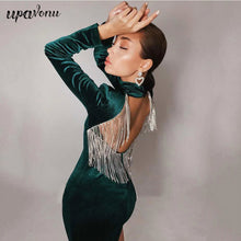 Load image into Gallery viewer, High Quality Black Green Hot Fashion Backless Diamonds Tassel Rayon Velvet Dress Evening Party Dresses 112