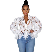 Load image into Gallery viewer, New Elegant Long Sleeve Hollow Out Mesh Lace Shirt Sheer See Through Top Blouse Clothing Dashiki African Shirts For Women 116
