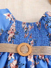 Load image into Gallery viewer, Floral Puff Sleeve Shirred Belted Princess Dress for Girls, Summer Party Beach Vacation Clothes
