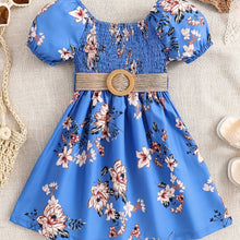Load image into Gallery viewer, Floral Puff Sleeve Shirred Belted Princess Dress for Girls, Summer Party Beach Vacation Clothes
