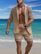 Load image into Gallery viewer, 2Pcs Men's Co-ord Set - Breathable Hollow Out Short Sleeve Shirt and Drawstring Shorts for Summer - Daily Leisure, Vacation, Resorts, and Outdoor Activities
