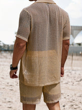 Load image into Gallery viewer, 2Pcs Men's Co-ord Set - Breathable Hollow Out Short Sleeve Shirt and Drawstring Shorts for Summer - Daily Leisure, Vacation, Resorts, and Outdoor Activities
