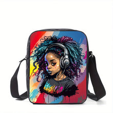 Load image into Gallery viewer, Women's Fashion Crossbody Bag, Cute African Girl Print, Durable Lightweight, Casual Shoulder Bag with Zippered Back Pocket, Polyester Lining, Digital Print Washable, No Oil Edging, Anime Theme, Black
