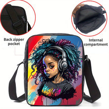 Load image into Gallery viewer, Women's Fashion Crossbody Bag, Cute African Girl Print, Durable Lightweight, Casual Shoulder Bag with Zippered Back Pocket, Polyester Lining, Digital Print Washable, No Oil Edging, Anime Theme, Black
