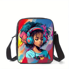 Load image into Gallery viewer, Women's Fashion Crossbody Bag, Cute African Girl Print, Durable Lightweight, Casual Shoulder Bag with Zippered Back Pocket, Polyester Lining, Digital Print Washable, No Oil Edging, Anime Theme, Black
