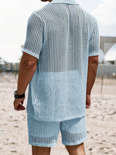 Load image into Gallery viewer, 2Pcs Men's Co-ord Set - Breathable Hollow Out Short Sleeve Shirt and Drawstring Shorts for Summer - Daily Leisure, Vacation, Resorts, and Outdoor Activities
