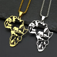 Load image into Gallery viewer, African Map Pendant Necklace - Stainless Steel Golden-Tone Animal &amp; Geometric Design, Intricate Hollow Details, Perfect for Daily Wear or Gifting, Unique Gift Item|Classic Style|Durable Necklace
