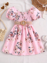Load image into Gallery viewer, Floral Puff Sleeve Shirred Belted Princess Dress for Girls, Summer Party Beach Vacation Clothes
