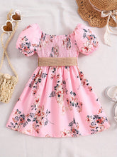 Load image into Gallery viewer, Floral Puff Sleeve Shirred Belted Princess Dress for Girls, Summer Party Beach Vacation Clothes
