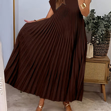 Load image into Gallery viewer, Women'S Elegant Pleated A-Line Maxi Dress - Navy Blue, Short Sleeve, Crew Neck, Loose Fit, Perfect for Spring/Summer/Fall, Vacation Attire, Vacation Dress | Pleated Aline Dress | Nonstretch Fabric
