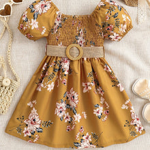 Load image into Gallery viewer, Floral Puff Sleeve Shirred Belted Princess Dress for Girls, Summer Party Beach Vacation Clothes

