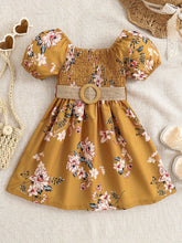 Load image into Gallery viewer, Floral Puff Sleeve Shirred Belted Princess Dress for Girls, Summer Party Beach Vacation Clothes
