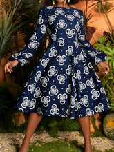Load image into Gallery viewer, Plus Size, Plus Size Women's Elegant A-Line Short Dress with Green &amp; Golden African Print - Long Sleeve Round Neck Short Length (knee-Length hem) Fitted Bodice &amp; Flowy, Wrinkle-Resistant for Weddings, Parties, - Machine Washa
