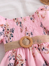 Load image into Gallery viewer, Floral Puff Sleeve Shirred Belted Princess Dress for Girls, Summer Party Beach Vacation Clothes
