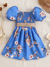 Load image into Gallery viewer, Floral Puff Sleeve Shirred Belted Princess Dress for Girls, Summer Party Beach Vacation Clothes
