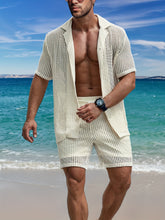 Load image into Gallery viewer, 2Pcs Men's Co-ord Set - Breathable Hollow Out Short Sleeve Shirt and Drawstring Shorts for Summer - Daily Leisure, Vacation, Resorts, and Outdoor Activities
