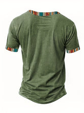 Load image into Gallery viewer, Men'S Vintage Green Henley Shirt with Traditional African Patterns - Casual Short Sleeve, Button-Up, V-Neck, Summer Wear, Polyester Blend, Button Detail, African Fashion Shirt
