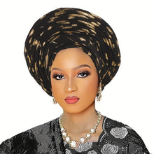 Load image into Gallery viewer, Elegant Nigerian-Inspired Floral Headscarf - Lightweight, Multi-Layered African Wrap for Women, Green with Golden Accents, Perfect for Weddings &amp; Formal Events, Wedding Headwear | Floral Pattern Scarf | Lightweight Headscarf

