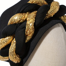 Load image into Gallery viewer, Elegant Golden Spangle 2-Strand Braid Turban - Vibrant African Wedding Headwear, Lightweight Polyester Fabric, Handwash/Dry Clean, Non-Stretch, Toggle Closure, Festive Attire|Luxury Headwrap|Intricate Braiding
