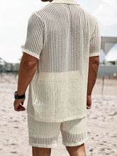 Load image into Gallery viewer, 2Pcs Men's Co-ord Set - Breathable Hollow Out Short Sleeve Shirt and Drawstring Shorts for Summer - Daily Leisure, Vacation, Resorts, and Outdoor Activities
