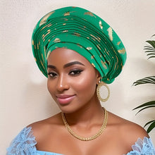 Load image into Gallery viewer, Elegant Nigerian-Inspired Floral Headscarf - Lightweight, Multi-Layered African Wrap for Women, Green with Golden Accents, Perfect for Weddings &amp; Formal Events, Wedding Headwear | Floral Pattern Scarf | Lightweight Headscarf
