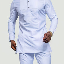 Load image into Gallery viewer, Men'S White Dashiki 2pcs Set, Special Neckline Detail &amp; Tailored Fit, Clean Cut, Long Sleeve Shirt + Easy-Fit Pants, African-Inspired Style For Streetwear, Weddings &amp; Cultural Events
