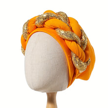 Load image into Gallery viewer, Elegant Golden Spangle 2-Strand Braid Turban - Vibrant African Wedding Headwear, Lightweight Polyester Fabric, Handwash/Dry Clean, Non-Stretch, Toggle Closure, Festive Attire|Luxury Headwrap|Intricate Braiding
