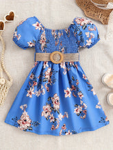 Load image into Gallery viewer, Floral Puff Sleeve Shirred Belted Princess Dress for Girls, Summer Party Beach Vacation Clothes
