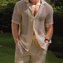 Load image into Gallery viewer, 2Pcs Men's Co-ord Set - Breathable Hollow Out Short Sleeve Shirt and Drawstring Shorts for Summer - Daily Leisure, Vacation, Resorts, and Outdoor Activities
