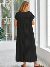 Load image into Gallery viewer, Women'S Elegant Pleated A-Line Maxi Dress - Navy Blue, Short Sleeve, Crew Neck, Loose Fit, Perfect for Spring/Summer/Fall, Vacation Attire, Vacation Dress | Pleated Aline Dress | Nonstretch Fabric
