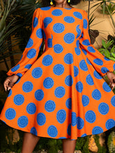 Load image into Gallery viewer, Plus Size, Plus Size Women's Elegant A-Line Short Dress with Green &amp; Golden African Print - Long Sleeve Round Neck Short Length (knee-Length hem) Fitted Bodice &amp; Flowy, Wrinkle-Resistant for Weddings, Parties, - Machine Washa
