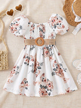 Load image into Gallery viewer, Floral Puff Sleeve Shirred Belted Princess Dress for Girls, Summer Party Beach Vacation Clothes
