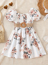 Load image into Gallery viewer, Floral Puff Sleeve Shirred Belted Princess Dress for Girls, Summer Party Beach Vacation Clothes

