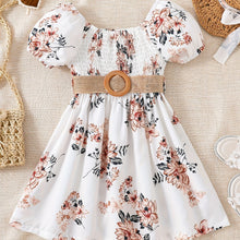 Load image into Gallery viewer, Floral Puff Sleeve Shirred Belted Princess Dress for Girls, Summer Party Beach Vacation Clothes
