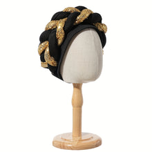 Load image into Gallery viewer, Elegant Golden Spangle 2-Strand Braid Turban - Vibrant African Wedding Headwear, Lightweight Polyester Fabric, Handwash/Dry Clean, Non-Stretch, Toggle Closure, Festive Attire|Luxury Headwrap|Intricate Braiding

