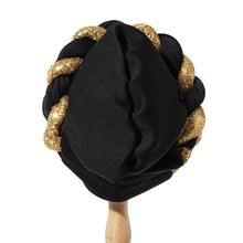 Load image into Gallery viewer, Elegant Golden Spangle 2-Strand Braid Turban - Vibrant African Wedding Headwear, Lightweight Polyester Fabric, Handwash/Dry Clean, Non-Stretch, Toggle Closure, Festive Attire|Luxury Headwrap|Intricate Braiding

