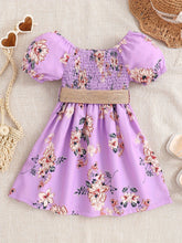 Load image into Gallery viewer, Floral Puff Sleeve Shirred Belted Princess Dress for Girls, Summer Party Beach Vacation Clothes
