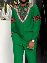 Load image into Gallery viewer, [African-Inspired Suit] Breathable Knit Polyester Men's African-Inspired Suit - White with Green, Red, Black Accents | Formal &amp; Casual Events, Machine Washable, Round Neck Design, Comfortable Fit, PLUS SIZE, Business Party Ou

