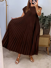 Load image into Gallery viewer, Women'S Elegant Pleated A-Line Maxi Dress - Navy Blue, Short Sleeve, Crew Neck, Loose Fit, Perfect for Spring/Summer/Fall, Vacation Attire, Vacation Dress | Pleated Aline Dress | Nonstretch Fabric
